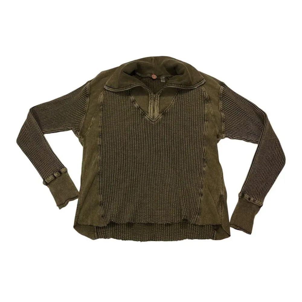 Free People Women’s XS Ashton Zip Thermal Pullover Green Minimalist Contemporary